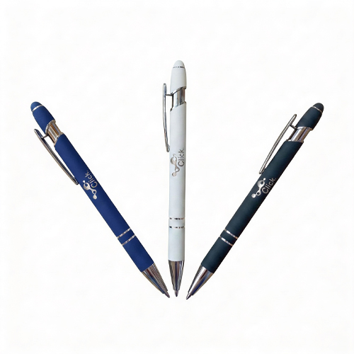 Caneta metálica com acabamento similar à borracha, acionamento por clique, carga esferográfica azul (1.0mm), Touchscreen para celulares e tablets, 1,5 x 14,1cm
CONSULTAR DISPONIBILIDADE DE CORES.